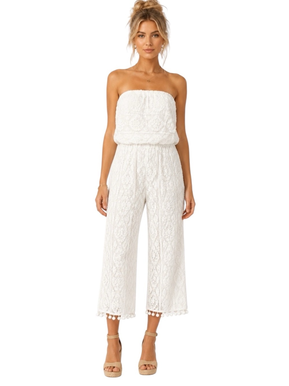SAYLOR Kensie Strapless Embroidered Crochet Lace Jumpsuit Wide Leg Sz S Boho